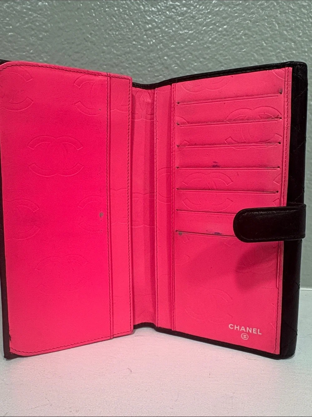 CHANEL Cambon Quilted Leather Flap Wallet pink interior